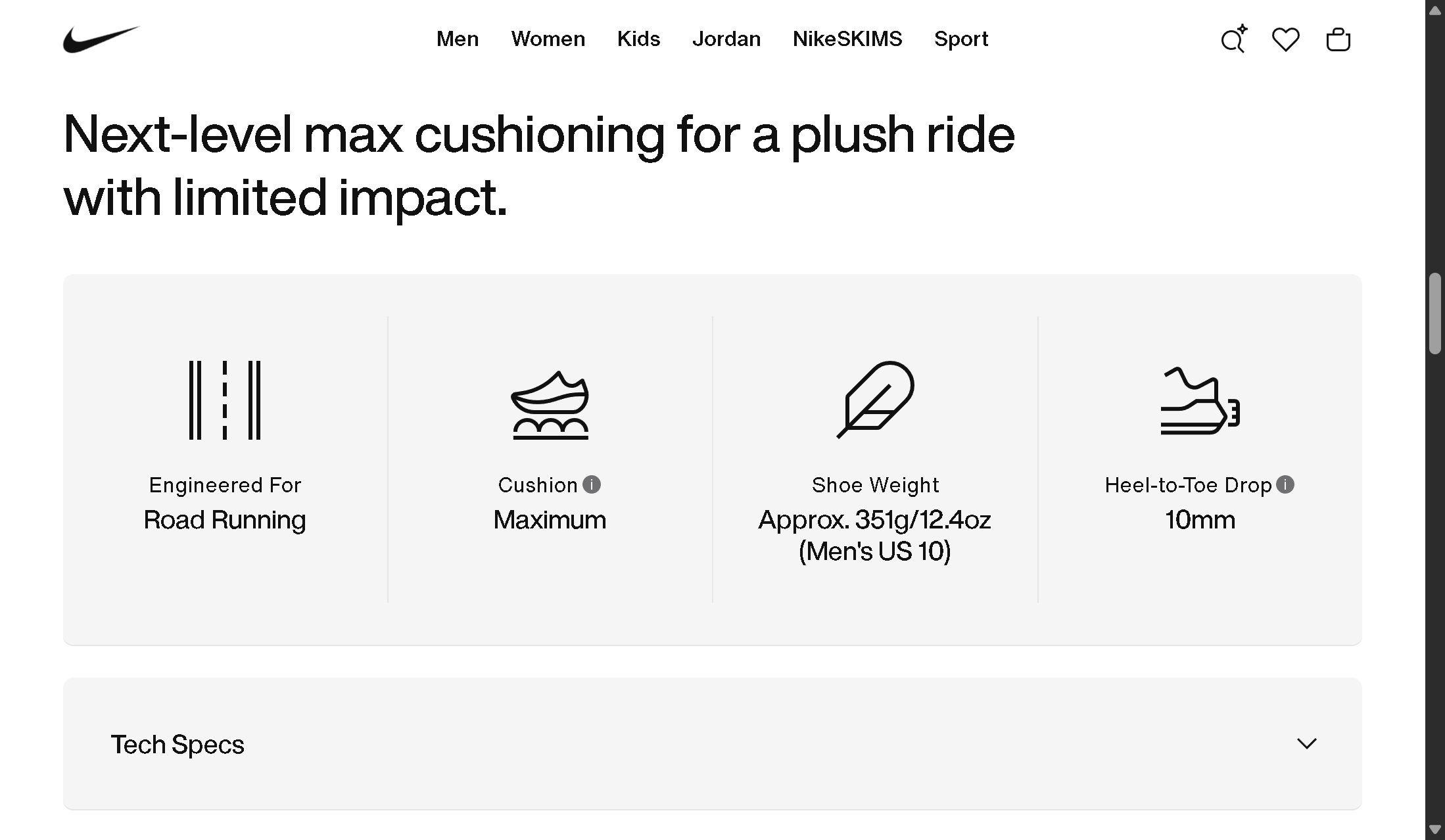 Nike product detail page icon grid showing Engineered For Road Running, Cushion Maximum, Shoe Weight, and Heel-to-Toe Drop stats